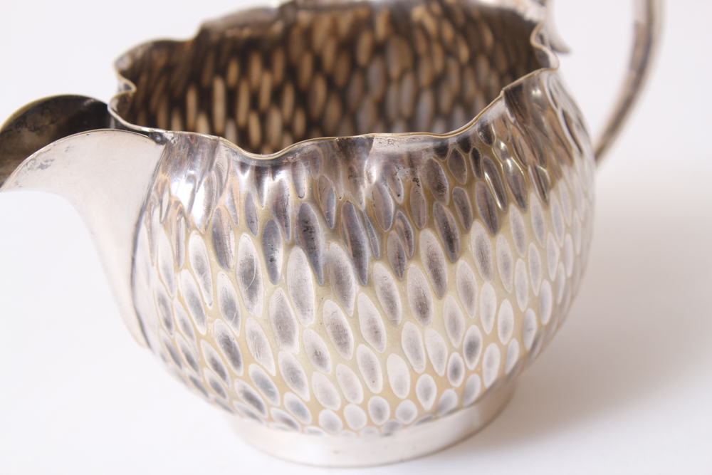 .800 Silver Hammered Coffee Pot and Silver Plated Creamer and Sugar Bowl