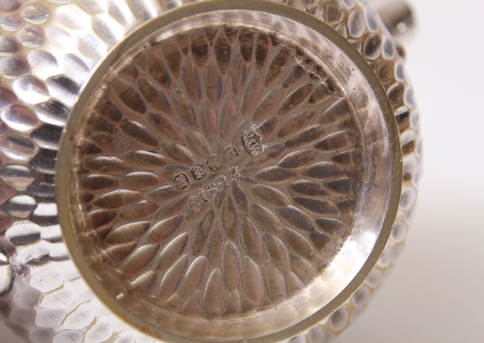 .800 Silver Hammered Coffee Pot and Silver Plated Creamer and Sugar Bowl