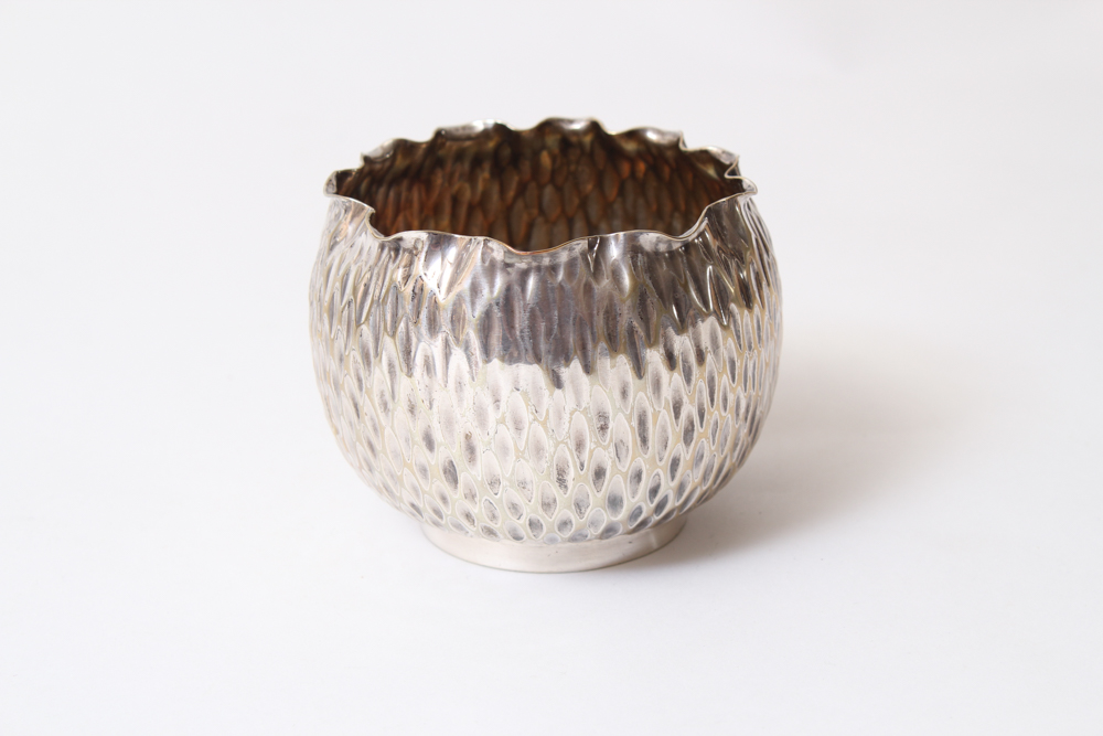 .800 Silver Hammered Coffee Pot and Silver Plated Creamer and Sugar Bowl