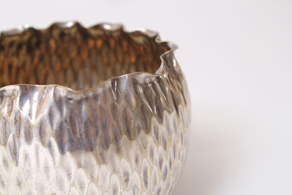 .800 Silver Hammered Coffee Pot and Silver Plated Creamer and Sugar Bowl