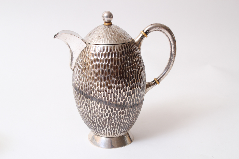 .800 Silver Hammered Coffee Pot and Silver Plated Creamer and Sugar Bowl