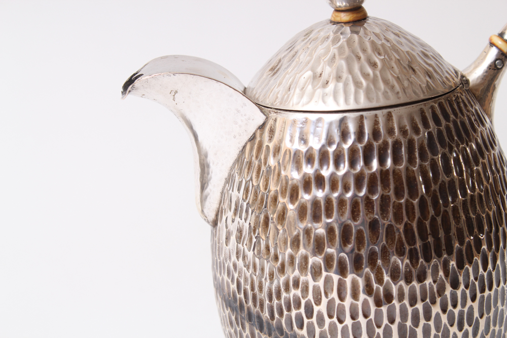 .800 Silver Hammered Coffee Pot and Silver Plated Creamer and Sugar Bowl