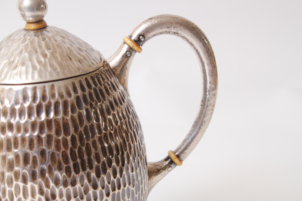 .800 Silver Hammered Coffee Pot and Silver Plated Creamer and Sugar Bowl