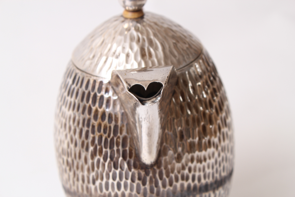 .800 Silver Hammered Coffee Pot and Silver Plated Creamer and Sugar Bowl