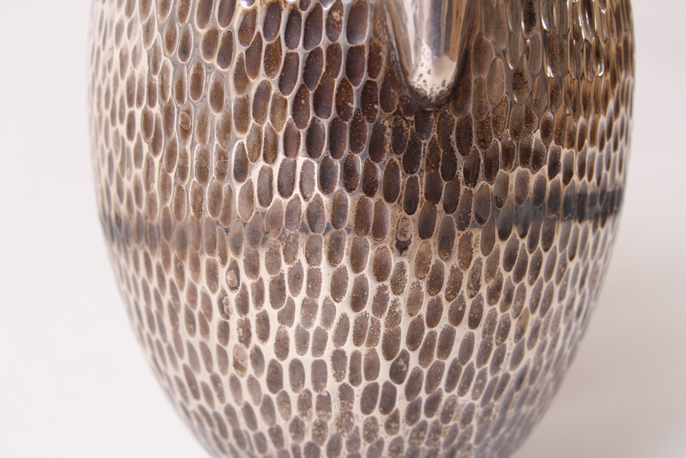 .800 Silver Hammered Coffee Pot and Silver Plated Creamer and Sugar Bowl