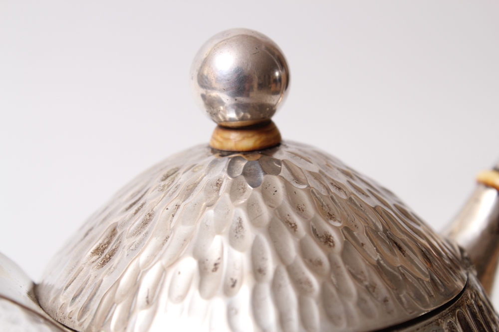 .800 Silver Hammered Coffee Pot and Silver Plated Creamer and Sugar Bowl