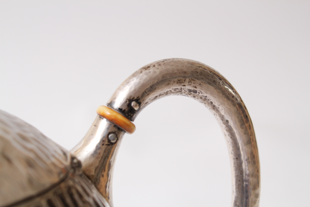 .800 Silver Hammered Coffee Pot and Silver Plated Creamer and Sugar Bowl