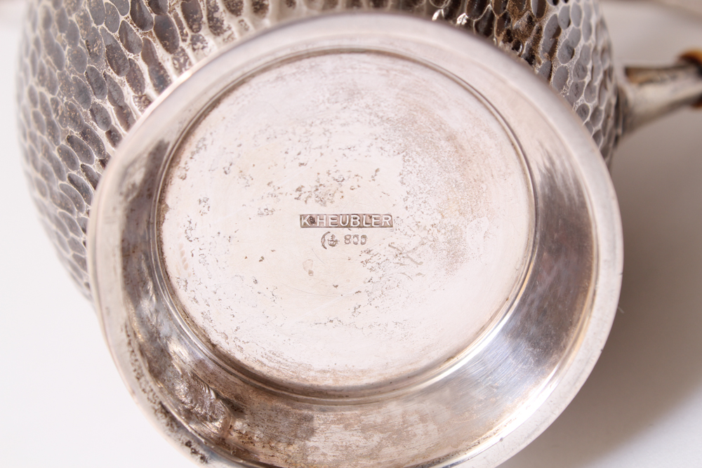 .800 Silver Hammered Coffee Pot and Silver Plated Creamer and Sugar Bowl