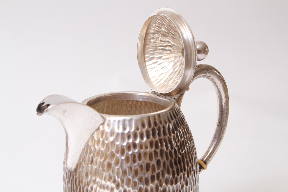 .800 Silver Hammered Coffee Pot and Silver Plated Creamer and Sugar Bowl