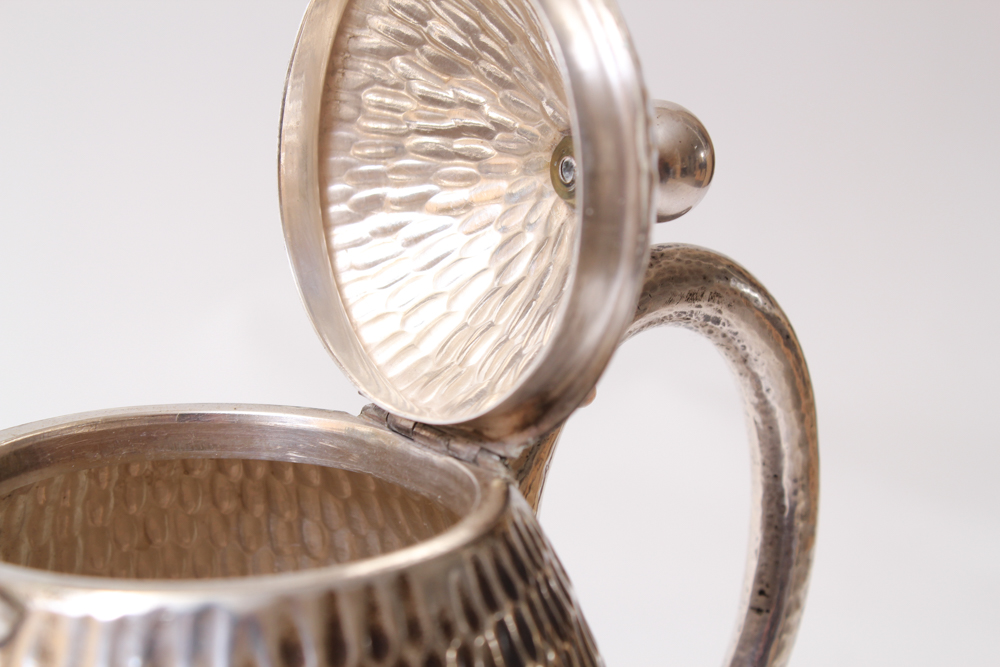 .800 Silver Hammered Coffee Pot and Silver Plated Creamer and Sugar Bowl