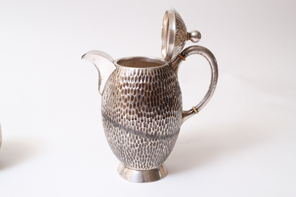 .800 Silver Hammered Coffee Pot and Silver Plated Creamer and Sugar Bowl