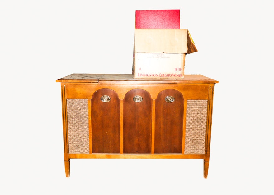 Vintage Turntable Cabinet with Records