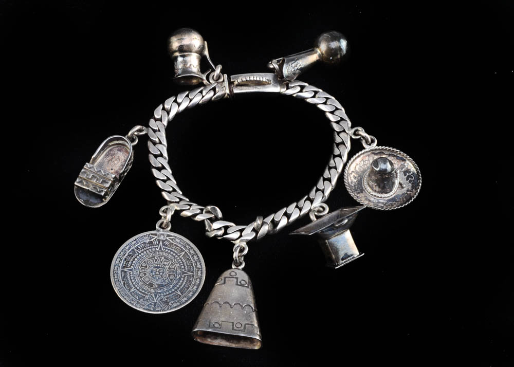 Vintage Sterling Silver Mexican Charm Link Bracelet