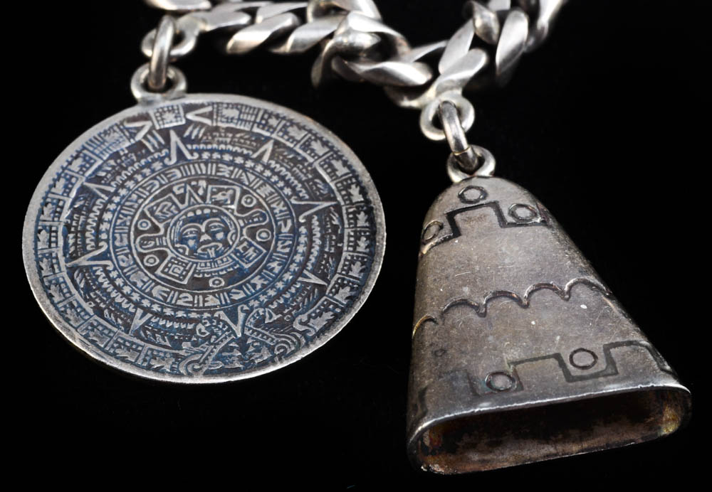 Vintage Sterling Silver Mexican Charm Link Bracelet