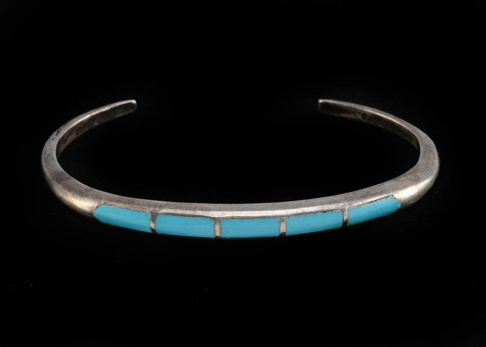 Native American Sterling Silver and Turquoise Inlay Cuff Bracelet