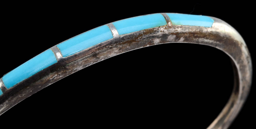 Native American Sterling Silver and Turquoise Inlay Cuff Bracelet