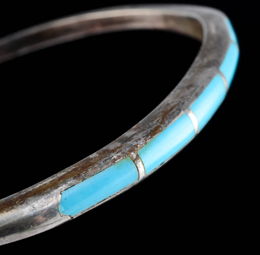 Native American Sterling Silver and Turquoise Inlay Cuff Bracelet