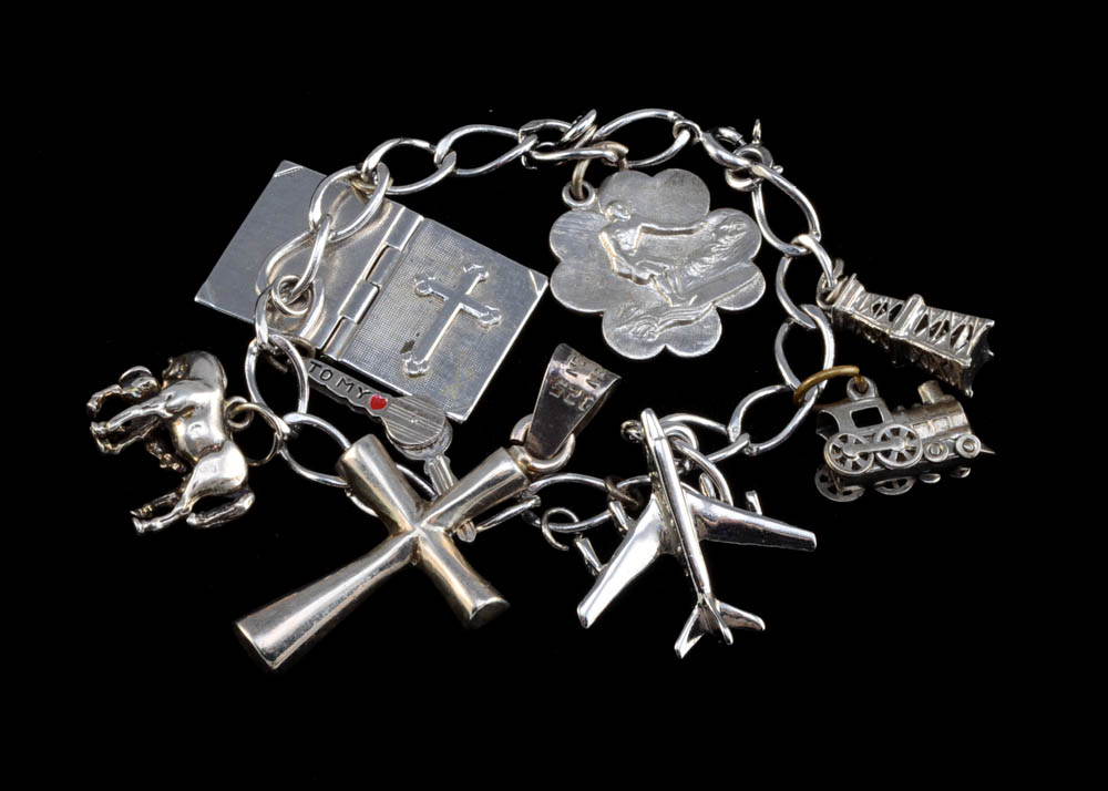 Group of Sterling Jewelry Including Charm Bracelet