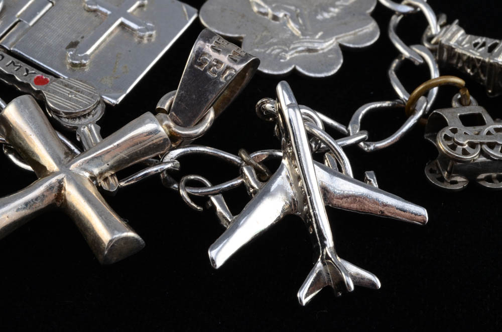 Group of Sterling Jewelry Including Charm Bracelet