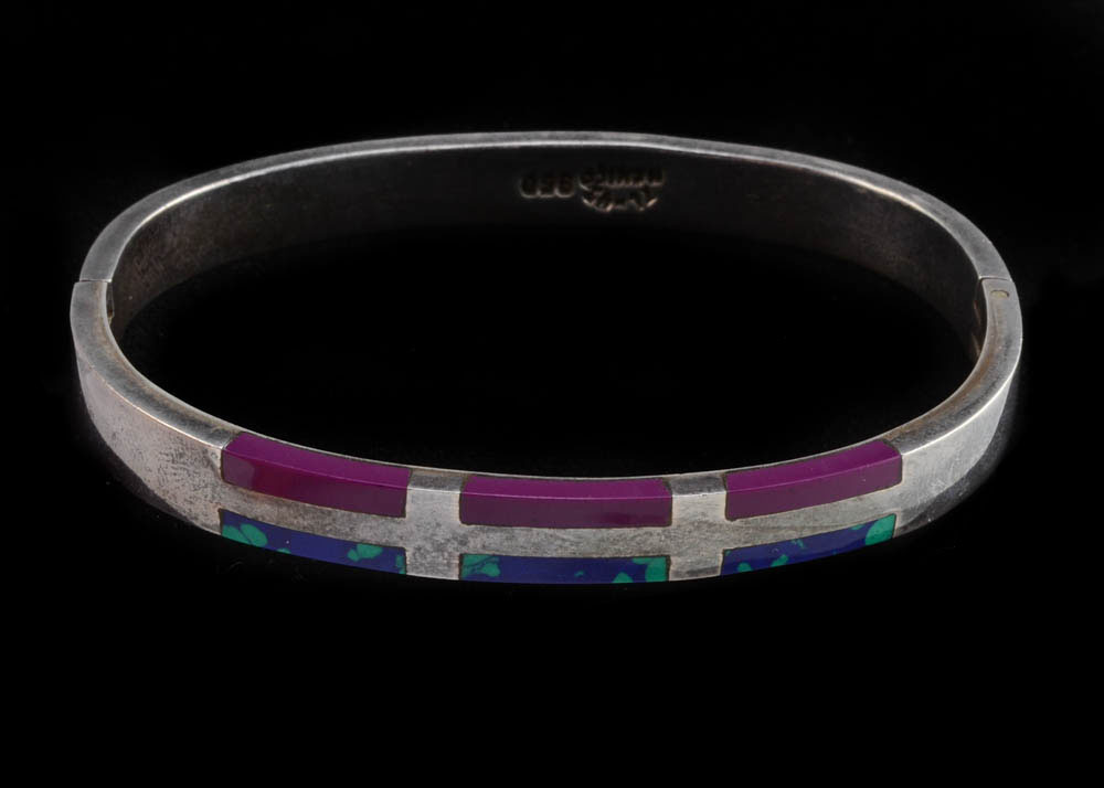 Taxco, Mexico 950 Silver, Azurite and Sugilite Inlaid Bracelet