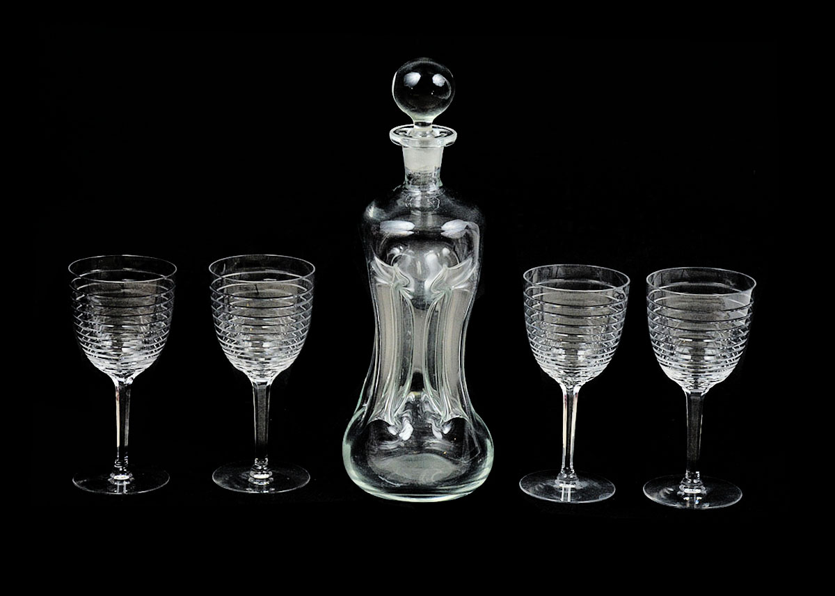 Mid Century Modern Kastrup Decanter and Four Crystal Wine Glasses