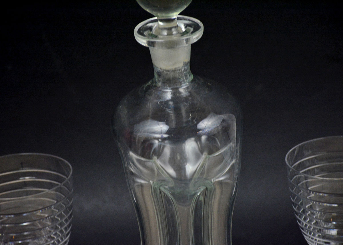 Mid Century Modern Kastrup Decanter and Four Crystal Wine Glasses