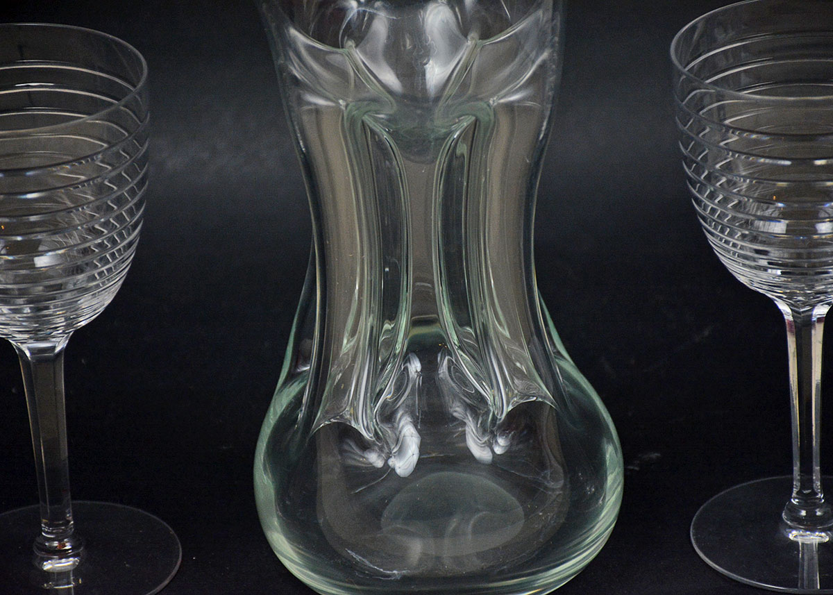 Mid Century Modern Kastrup Decanter and Four Crystal Wine Glasses