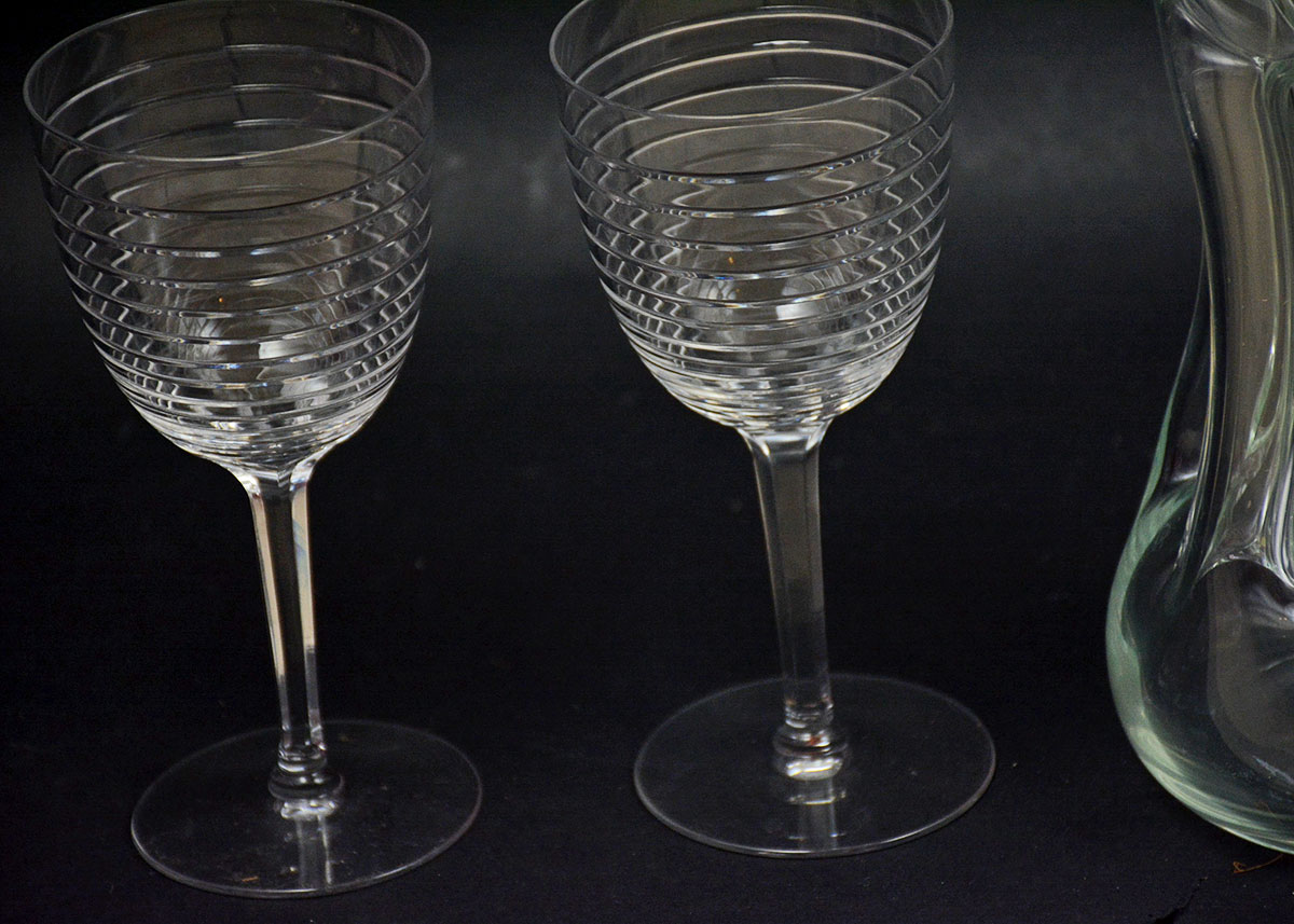 Mid Century Modern Kastrup Decanter and Four Crystal Wine Glasses