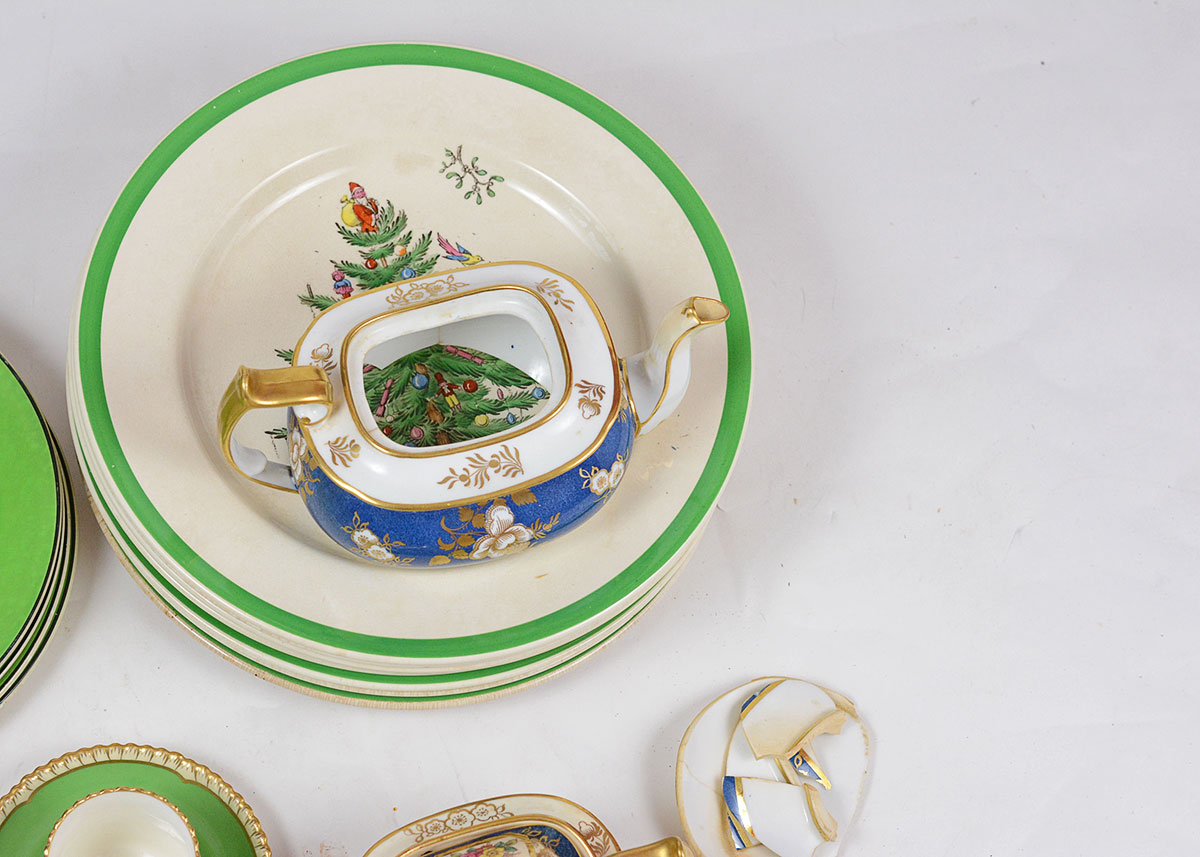 China and Spode Green, Blue, and White Dishes