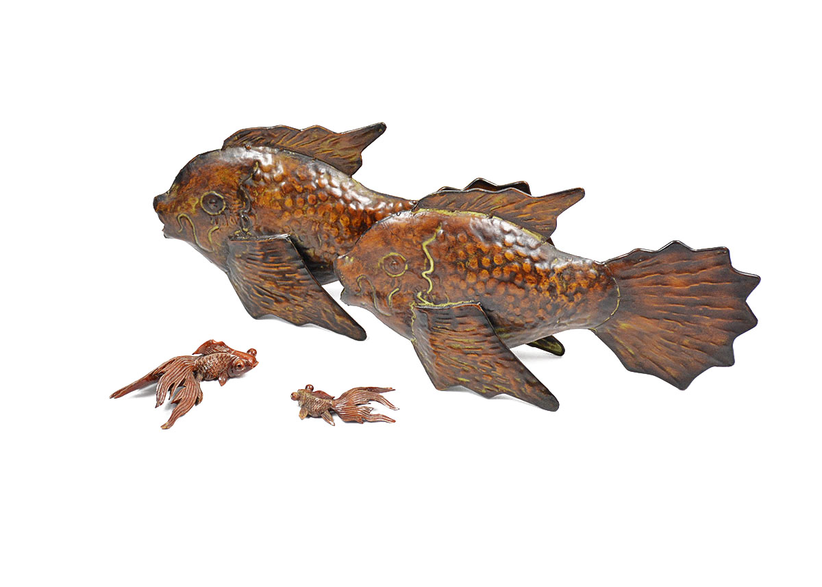 Decorative Pair of Antiqued Hammered Tin Fish and Carved Wooden Fish
