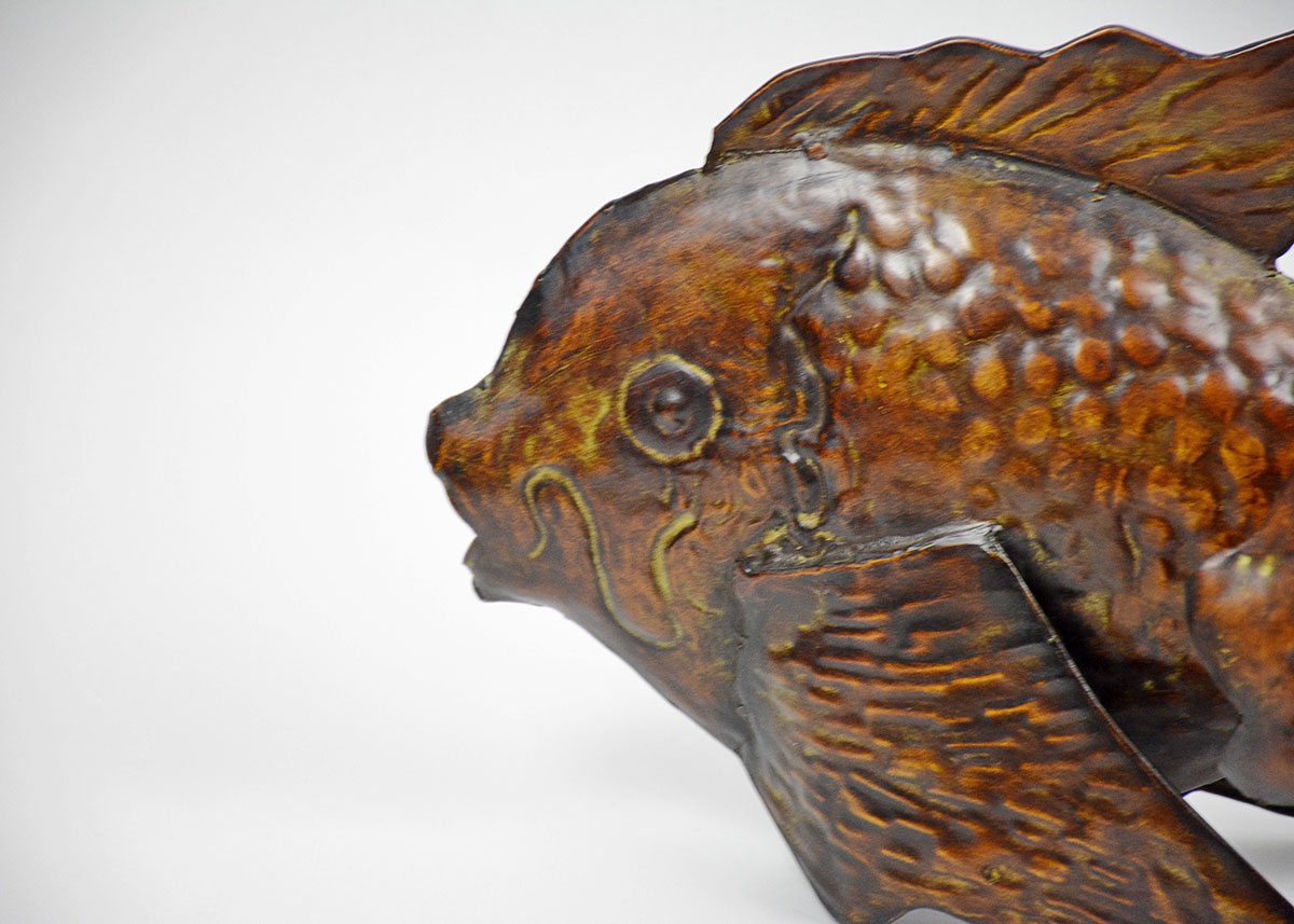 Decorative Pair of Antiqued Hammered Tin Fish and Carved Wooden Fish