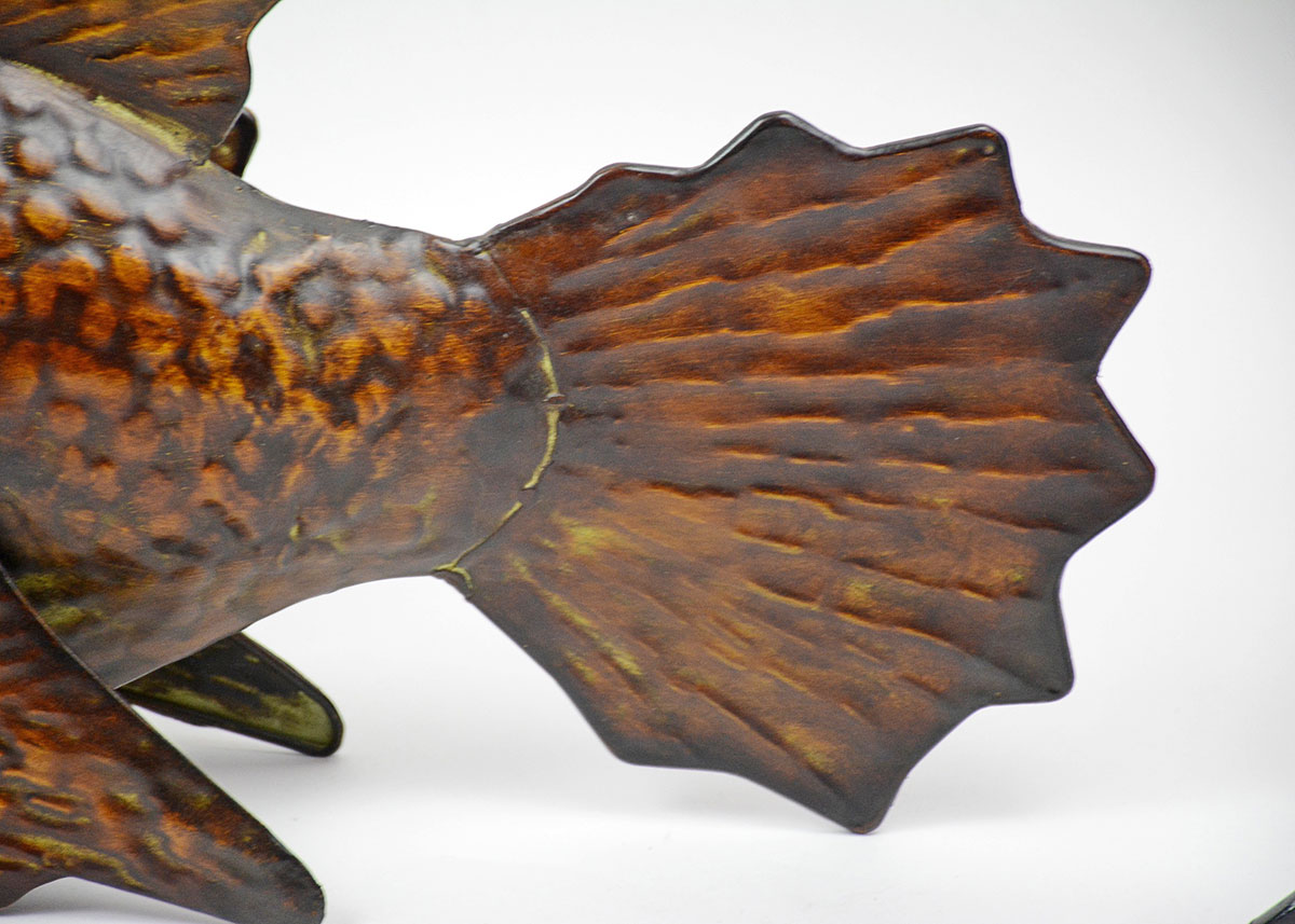 Decorative Pair of Antiqued Hammered Tin Fish and Carved Wooden Fish