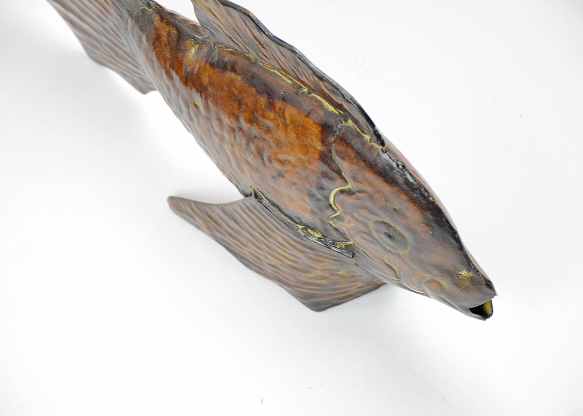 Decorative Pair of Antiqued Hammered Tin Fish and Carved Wooden Fish