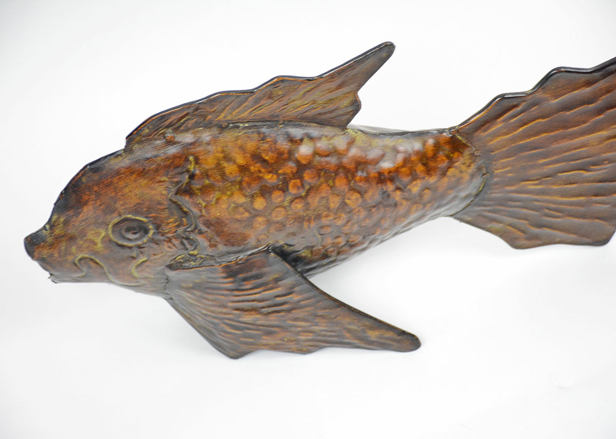 Decorative Pair of Antiqued Hammered Tin Fish and Carved Wooden Fish