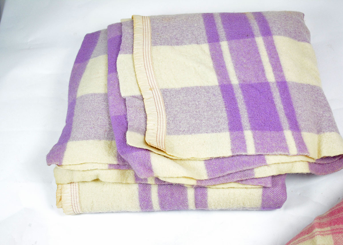 Set of Four Pink and Purple Plaid Wool Blankets