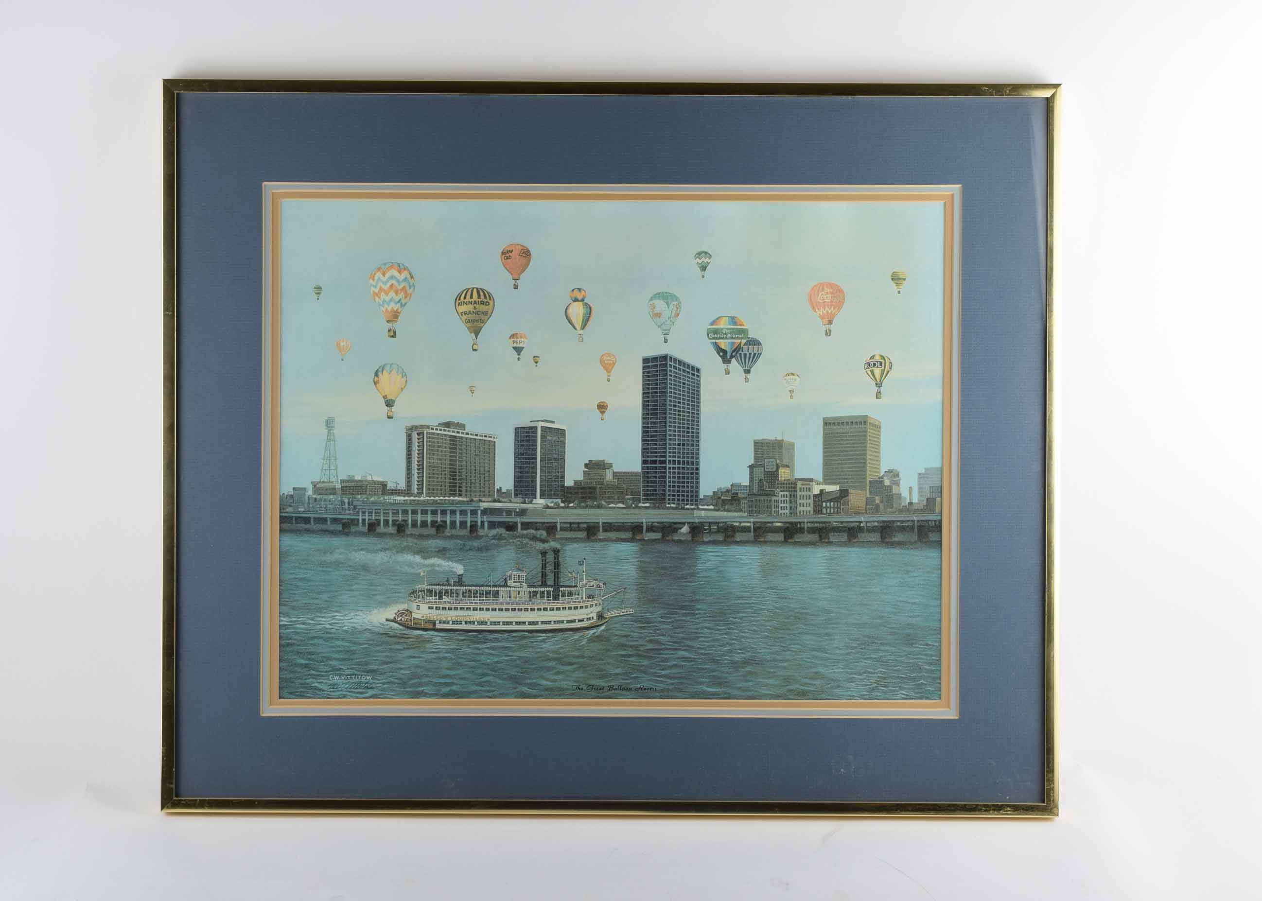 Signed C.W. Vittitow Offset Lithograph "The Great Balloon Racers"