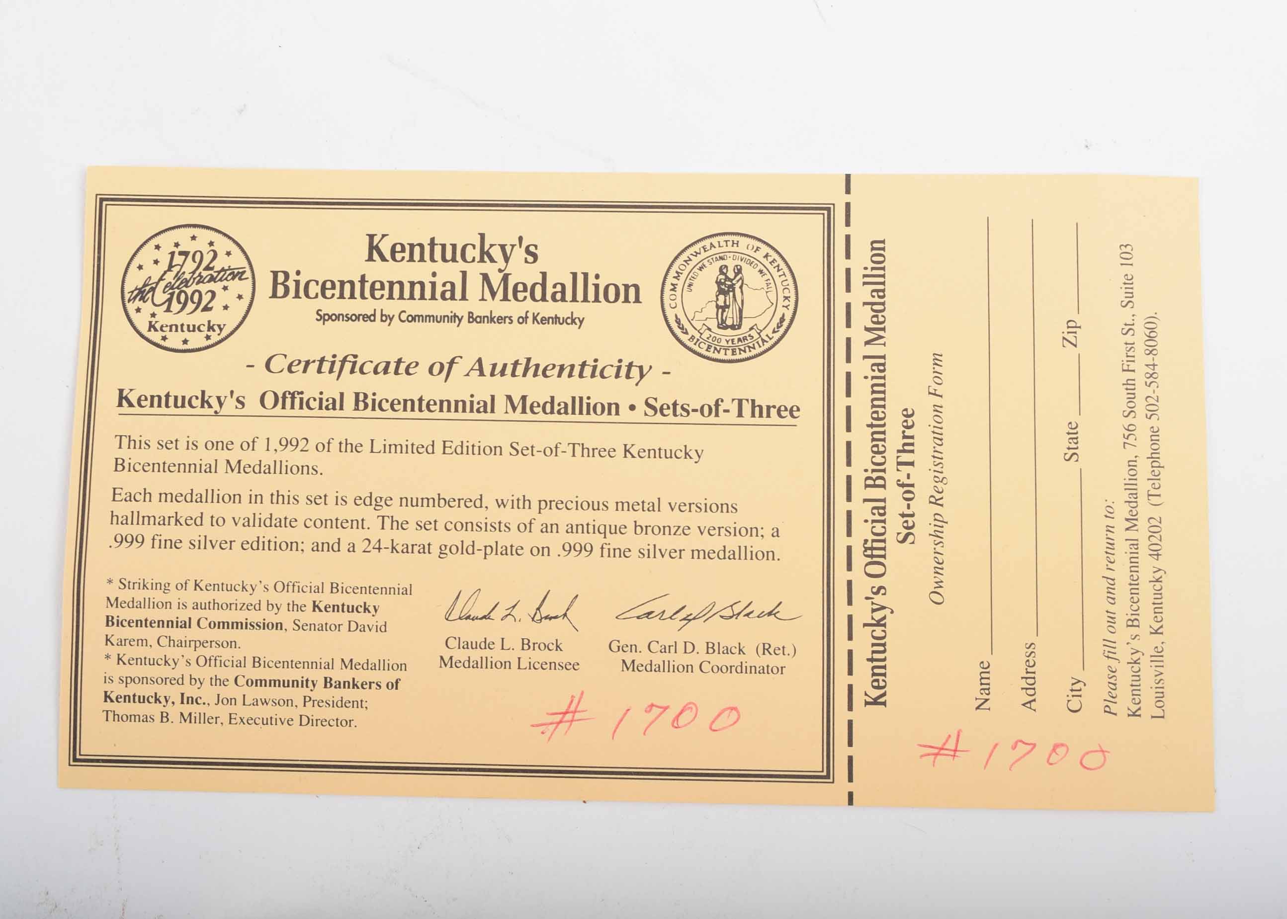 Kentucky's Official Bicentennial Medallion Set and Louisville Stoneware Bicentennial Plaque