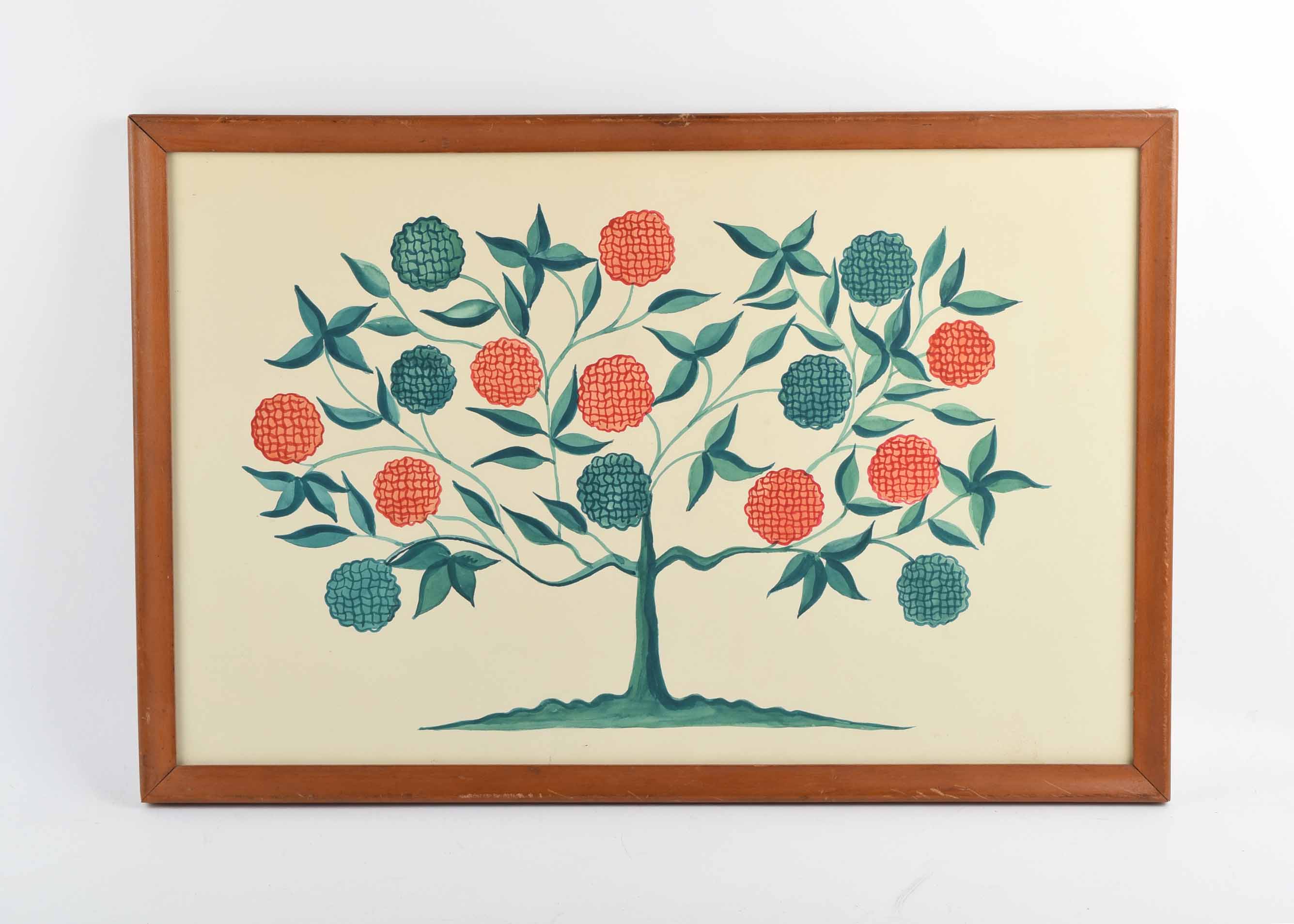 Watercolor of a Green Tree and Coral Flora