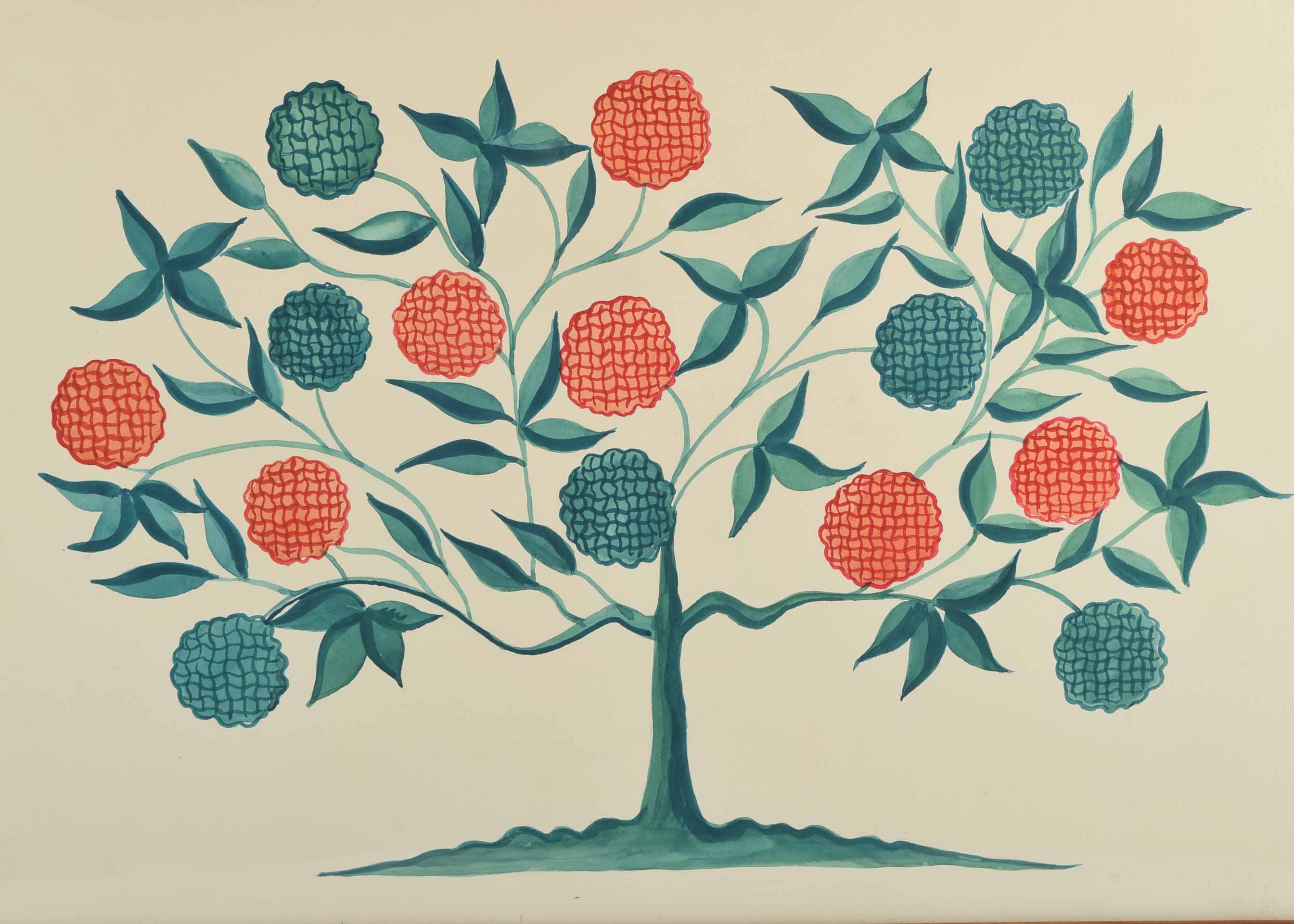 Watercolor of a Green Tree and Coral Flora