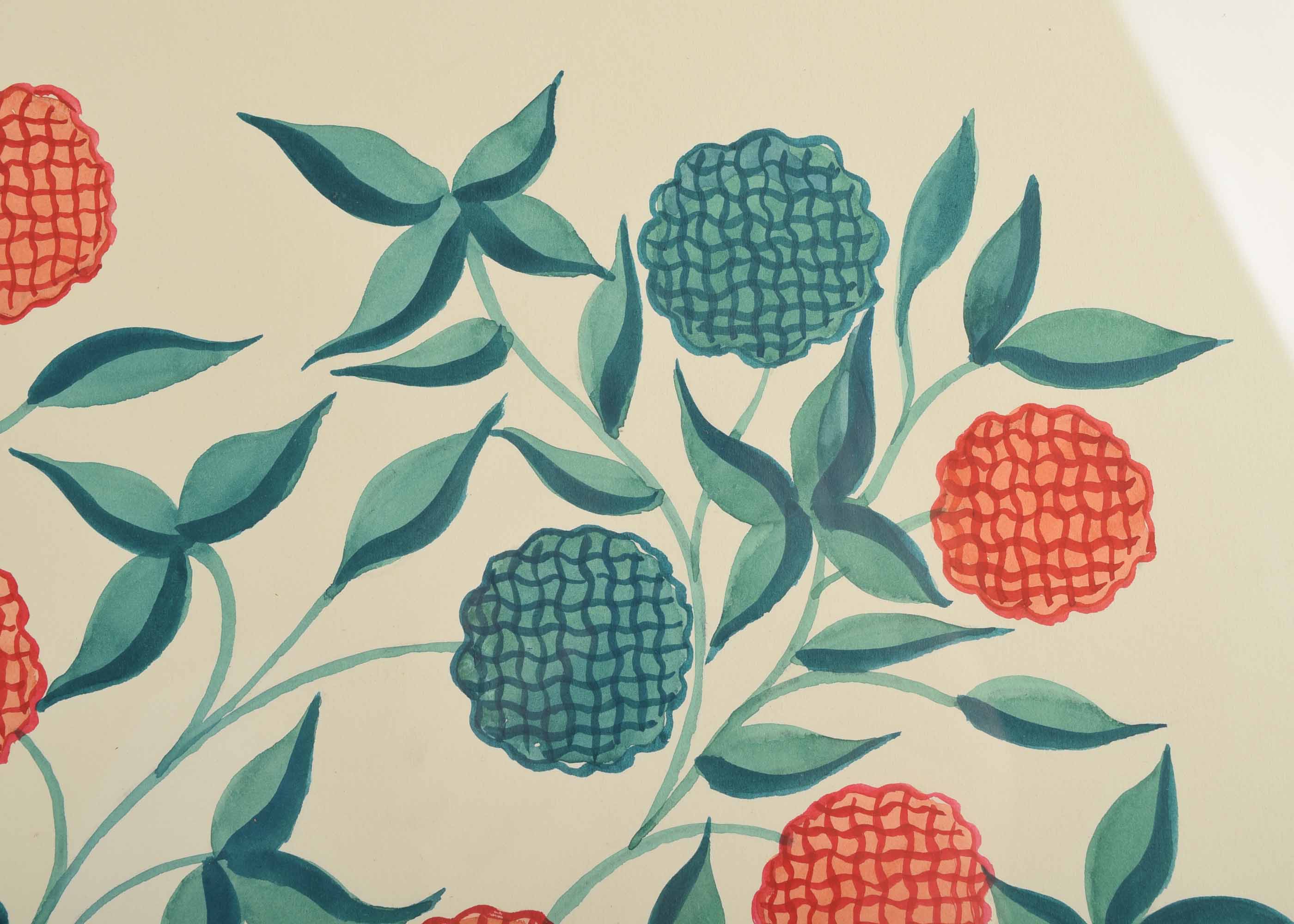 Watercolor of a Green Tree and Coral Flora