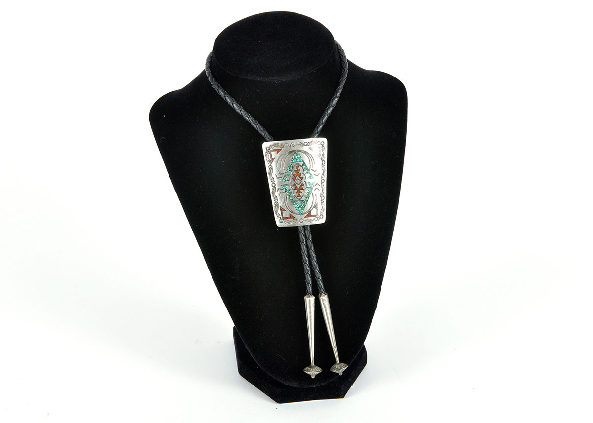 Nakai Signed Men's Silver and Turquoise Bolo Tie