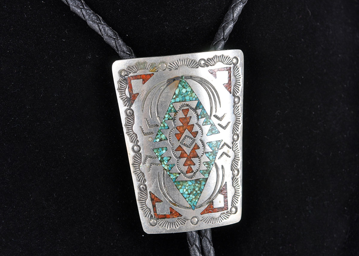 Nakai Signed Men's Silver and Turquoise Bolo Tie