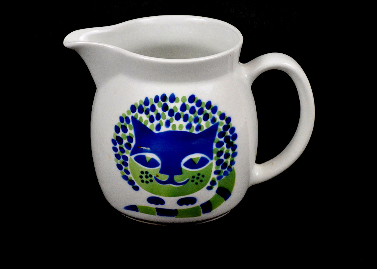 1960 Kaj Franck Blue and Green Ceramic Cat Pitcher