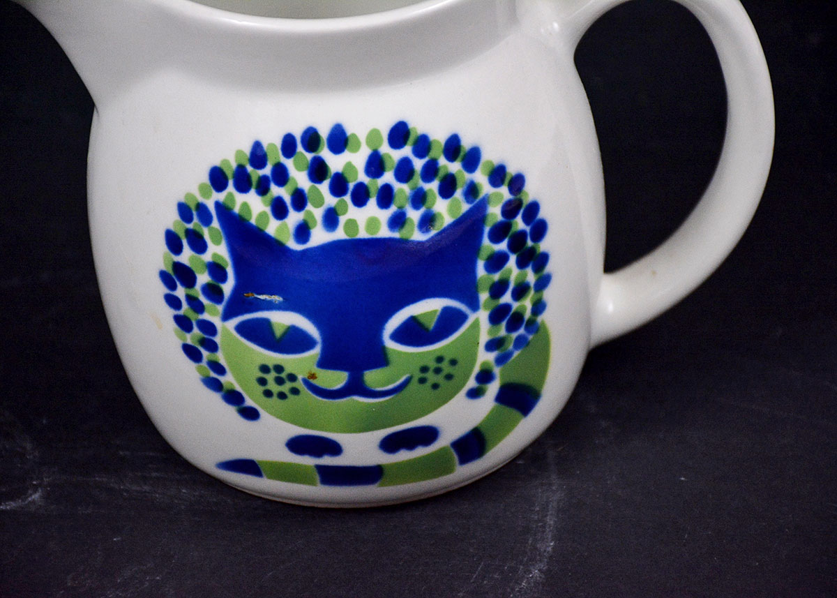 1960 Kaj Franck Blue and Green Ceramic Cat Pitcher