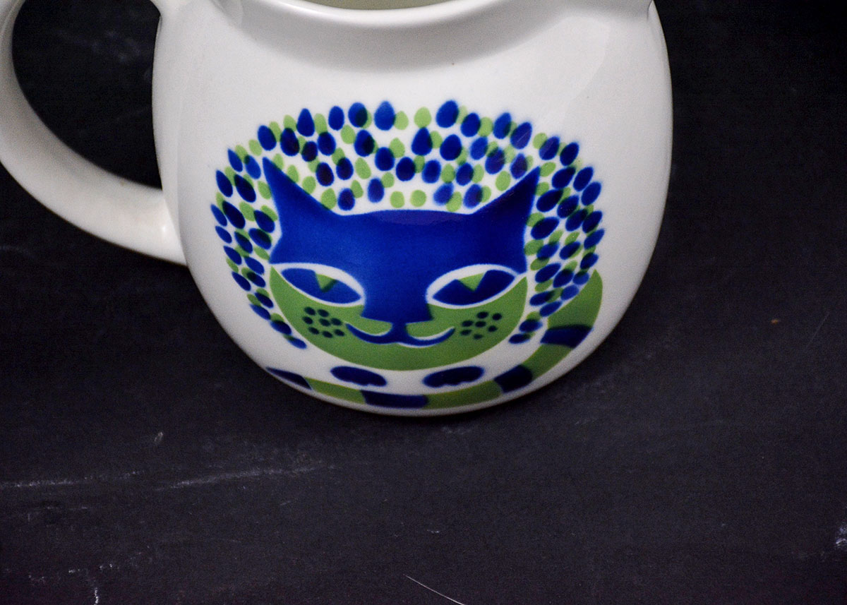 1960 Kaj Franck Blue and Green Ceramic Cat Pitcher