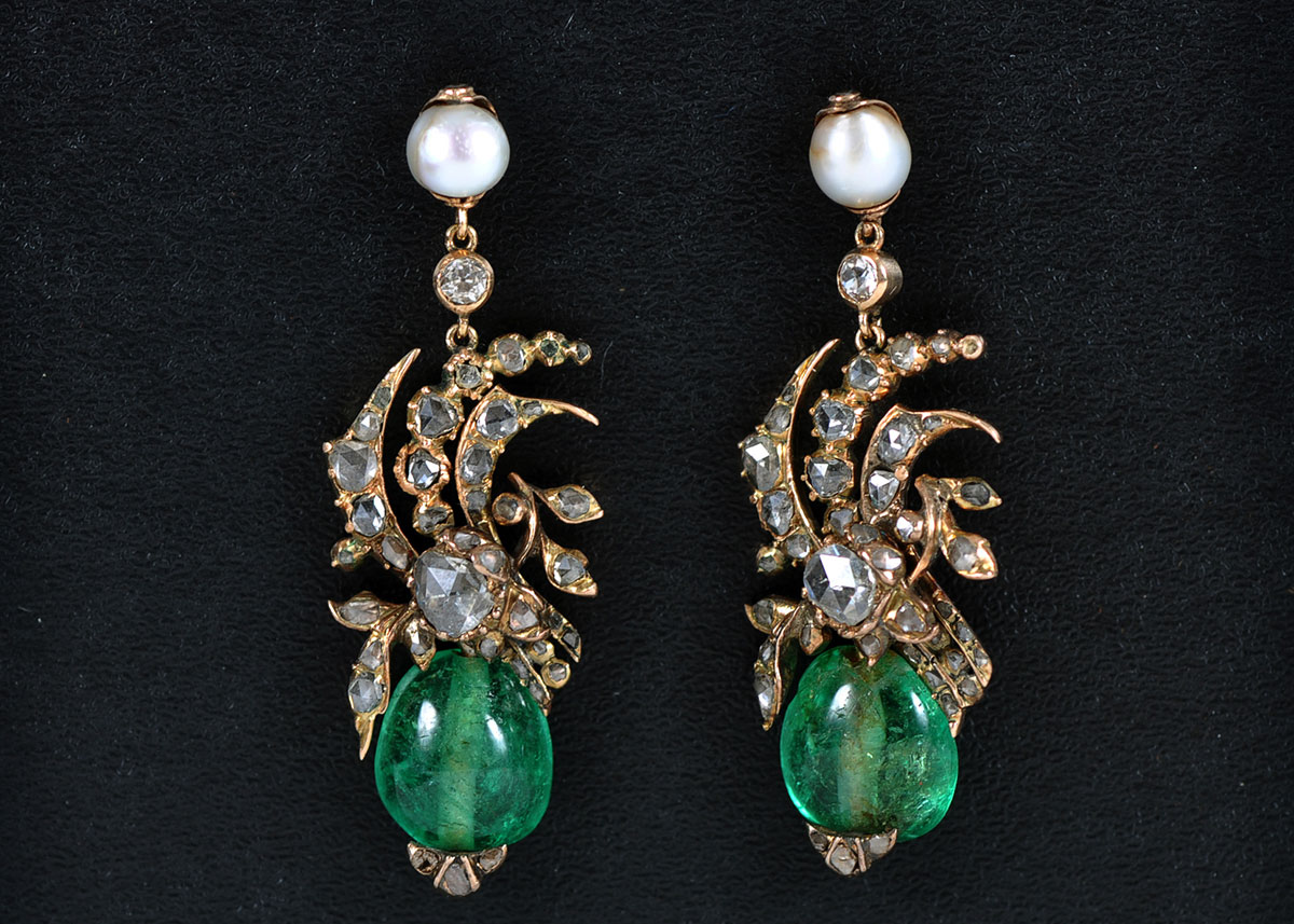 Antique Mine Cut Diamond, Pearl, and Emerald Yellow Gold Earrings