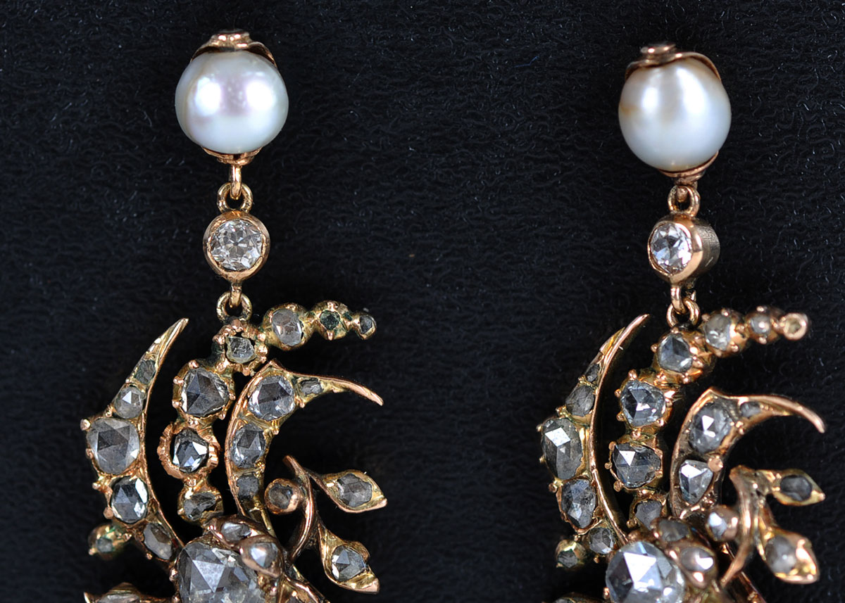 Antique Mine Cut Diamond, Pearl, and Emerald Yellow Gold Earrings