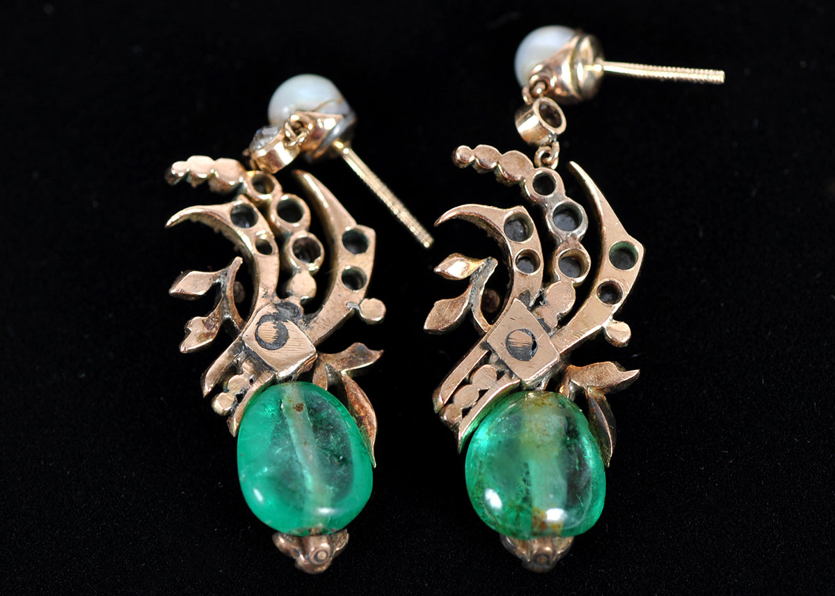 Antique Mine Cut Diamond, Pearl, and Emerald Yellow Gold Earrings