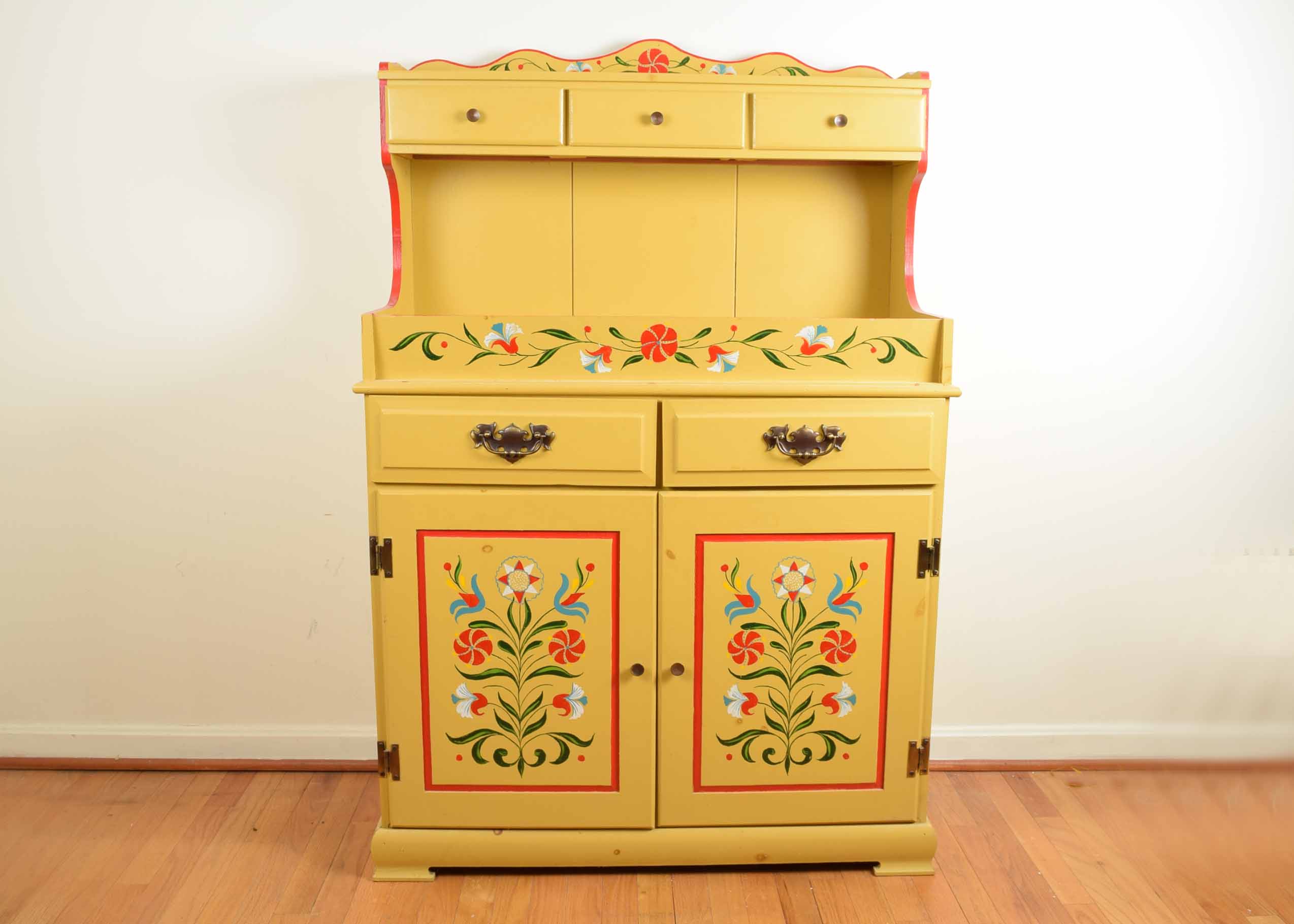 Finnish Yellow Tole Folk Art Painted Cabinet