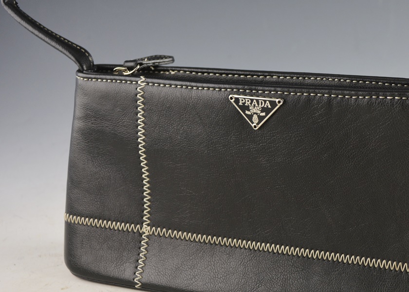 Prada Black Handbag With White Top Stitching